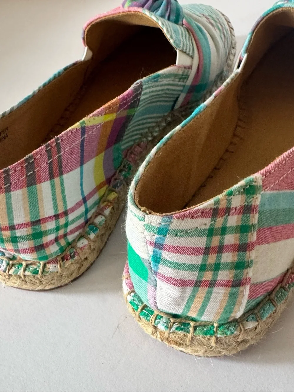 Talbots Women’s 7 Plaid knot Espadrille Flats Teal Pink Slip On Shoes Classic